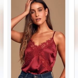 Lulu's Sweetest Kiss Wine Red Satin Effect Coquette Lace Cami Top